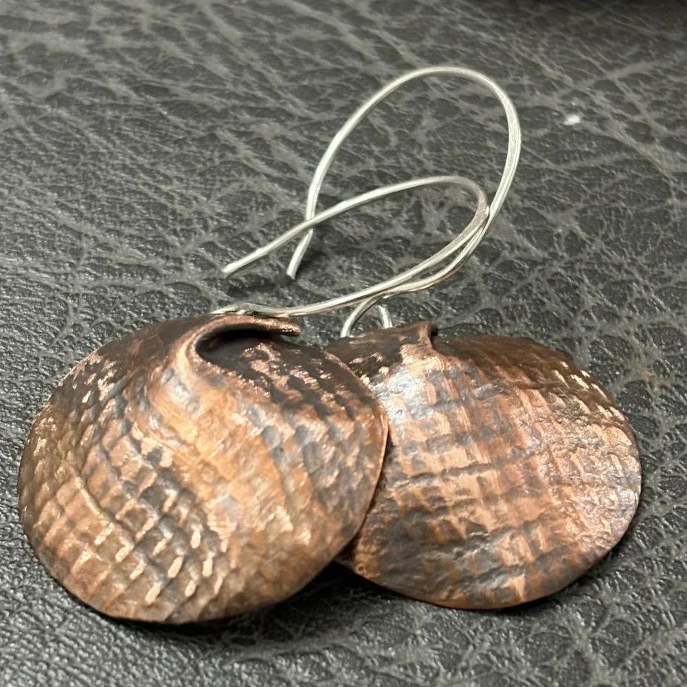 Sterling and Copper Artisan Dangle Pierced Earrings, Forged Handmade Jewelry‎